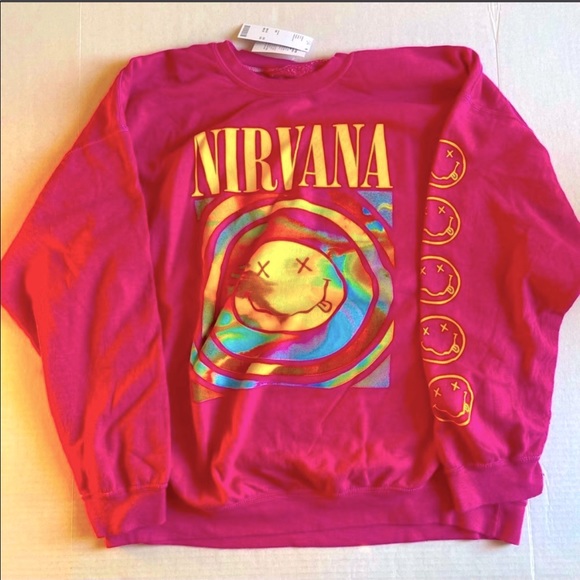 U. O. PINK NIRVANA CREW SWEATSHIRT BNWT S/M OVERSIZED fits To L/XL SHIPS QUICK! - Picture 2 of 14